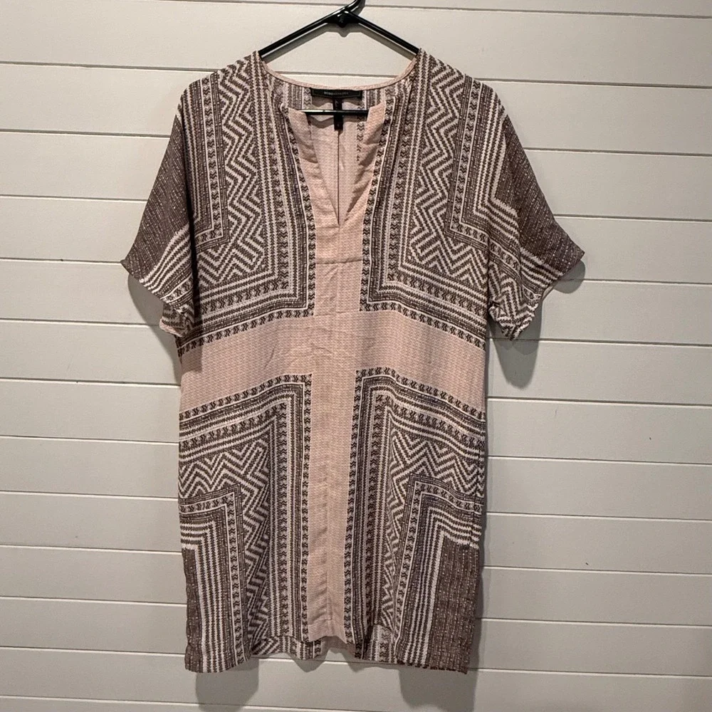 BCBGMAXAZRIA Geometric Print Shift Dress Swim‎ Coverup Pink Brown Small